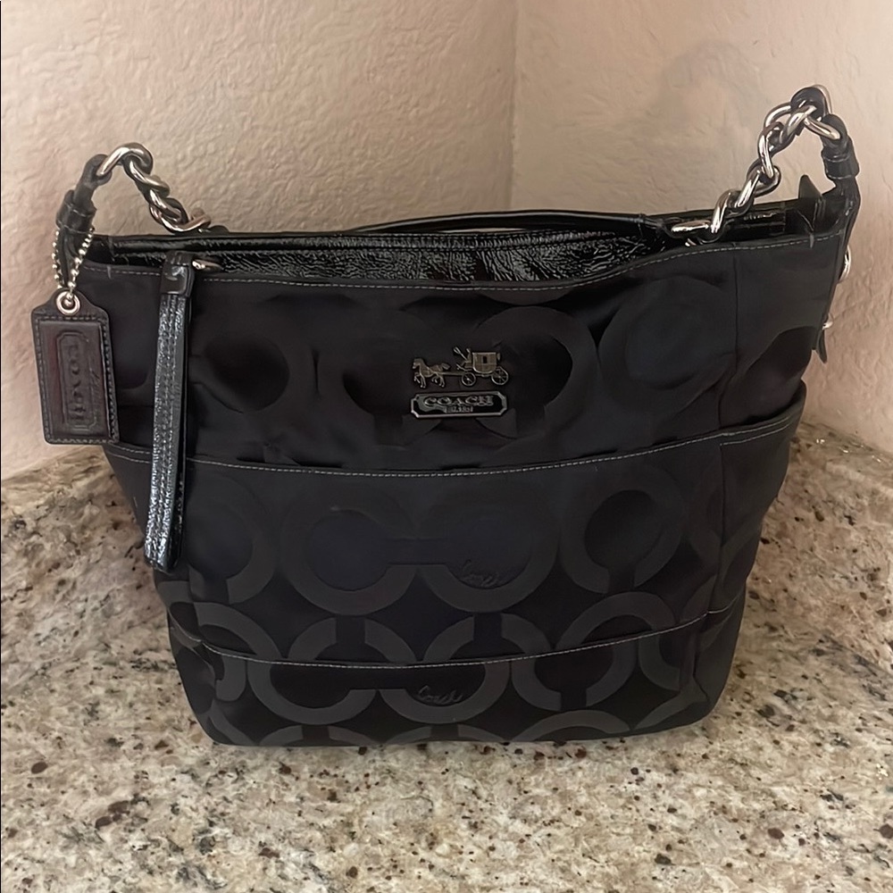 Coach Black Monogram Shoulder Bag with Silver Hardware